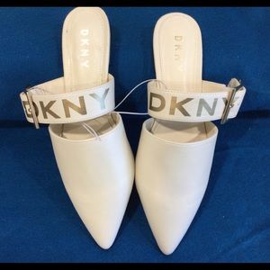 DKNY Off White with Gold Logo Mules, Size 7M